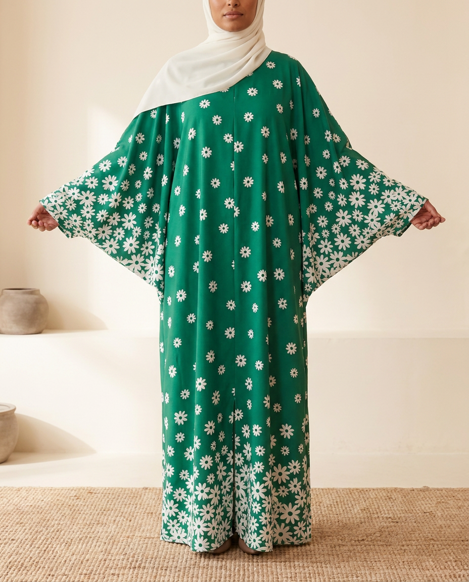 SITRĀ Batwing Sleeve Printed Maxi Abaya — Green Daisy (model Amina)