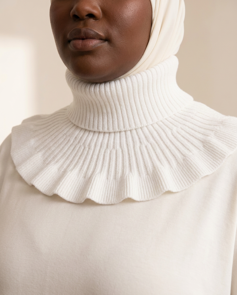 SITRĀ Knitted Ruffle Collar — White (model Zuri)