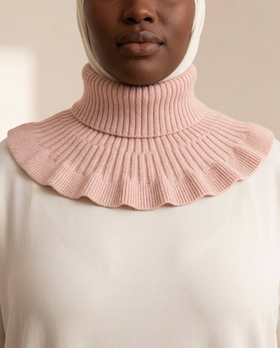 SITRĀ Knitted Ruffle Collar — Blush Pink (model Zuri)