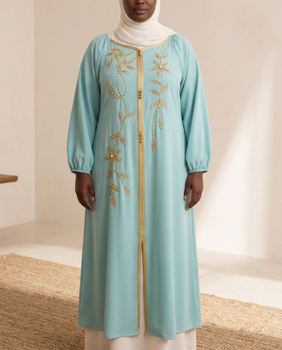 SITRĀ Ayla Lantern-Sleeve Open Abaya — Light Blue (model Zuri)