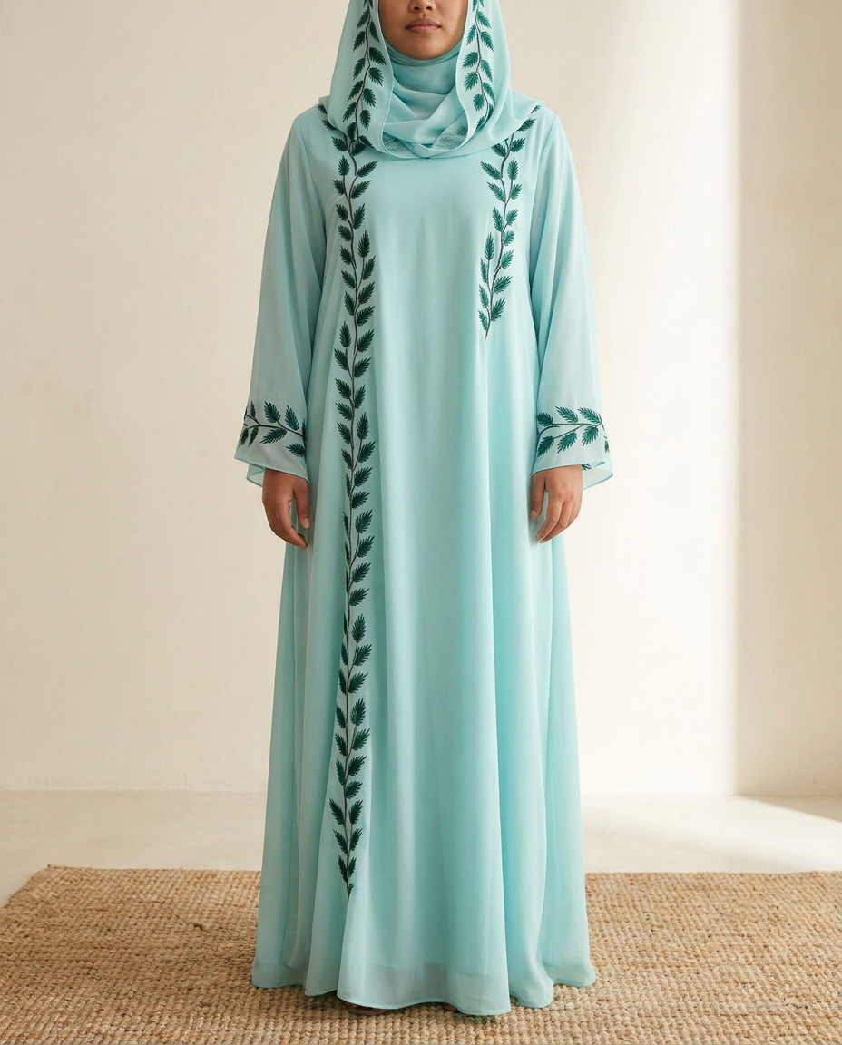 SITRĀ Amira Embroidered Abaya — Cyan (model Leila)