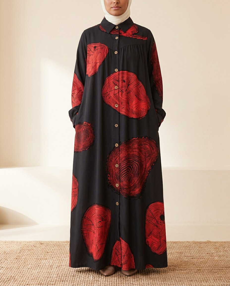 SITRĀ Button-Front Shirt Dress Abaya — Red Circle Print (model Amina)