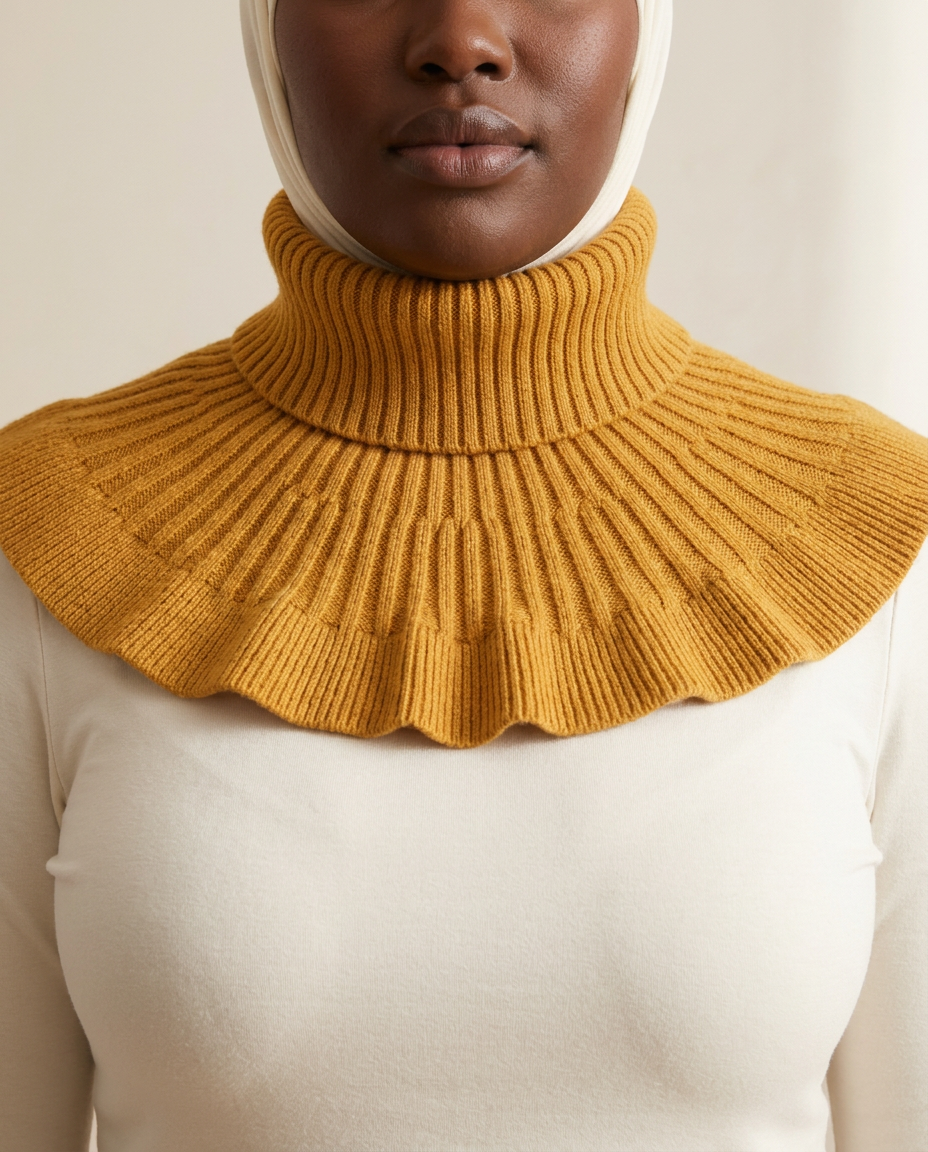 SITRĀ Knitted Ruffle Collar — Mustard (model Zuri)