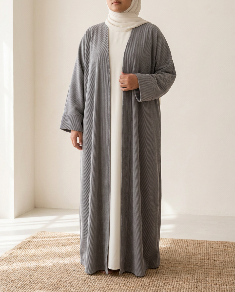 Corduroy Open Abaya in Grey, worn