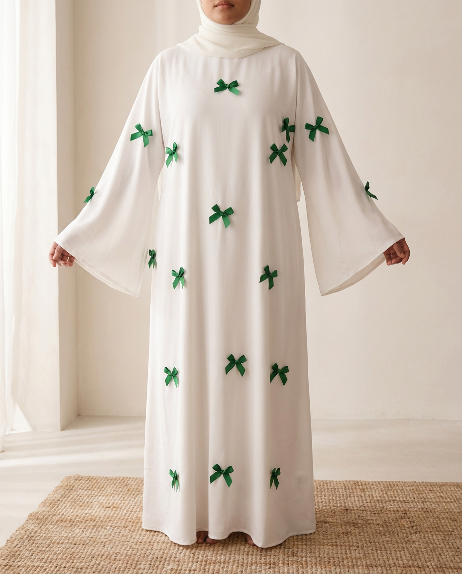 SITRĀ Bow-Detail Flared Sleeve Kaftan — Green Bow (model Leila)