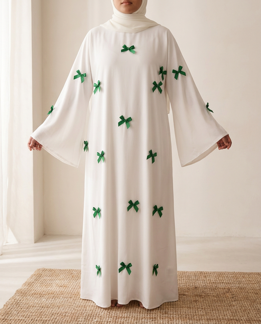 SITRĀ Bow-Detail Flared Sleeve Kaftan — Green Bow (model Leila)