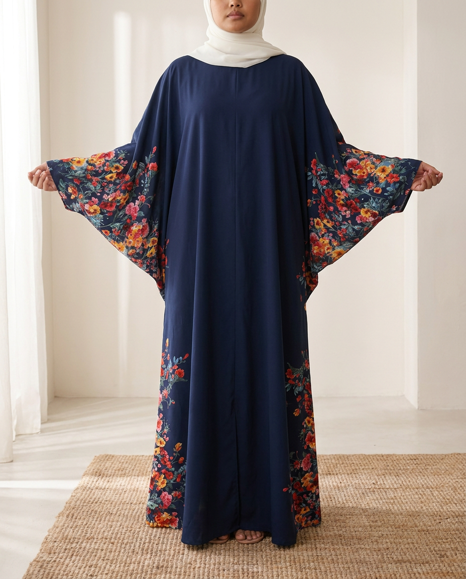 SITRĀ Batwing Sleeve Printed Maxi Abaya — Navy Floral Border (model Leila)