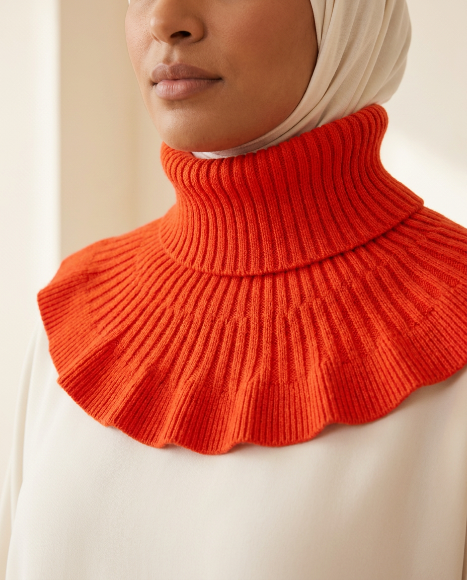 SITRĀ Knitted Ruffle Collar — Scarlet (model Amina)