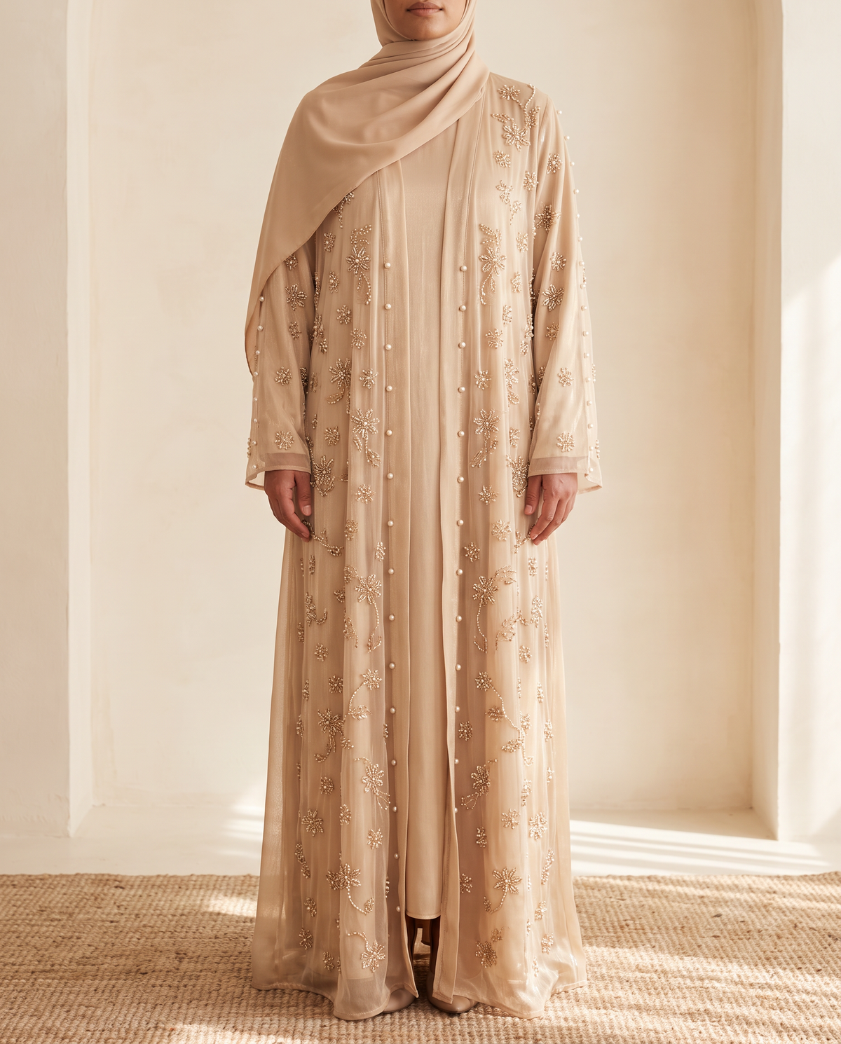 Samira beaded two-piece open abaya set worn