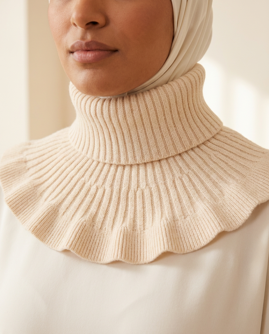 SITRĀ Knitted Ruffle Collar — Cream (model Amina)