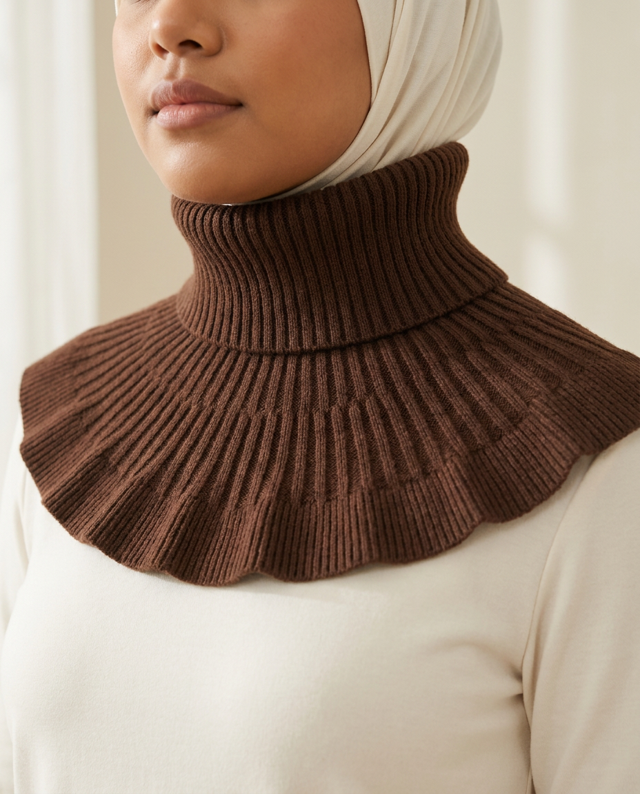 SITRĀ Knitted Ruffle Collar — Chocolate (model Leila)
