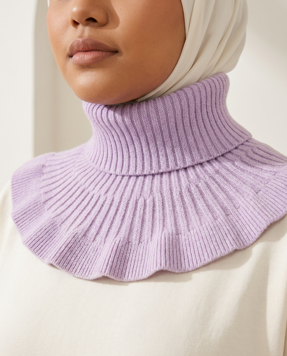 SITRĀ Knitted Ruffle Collar — Lavender (model Leila)