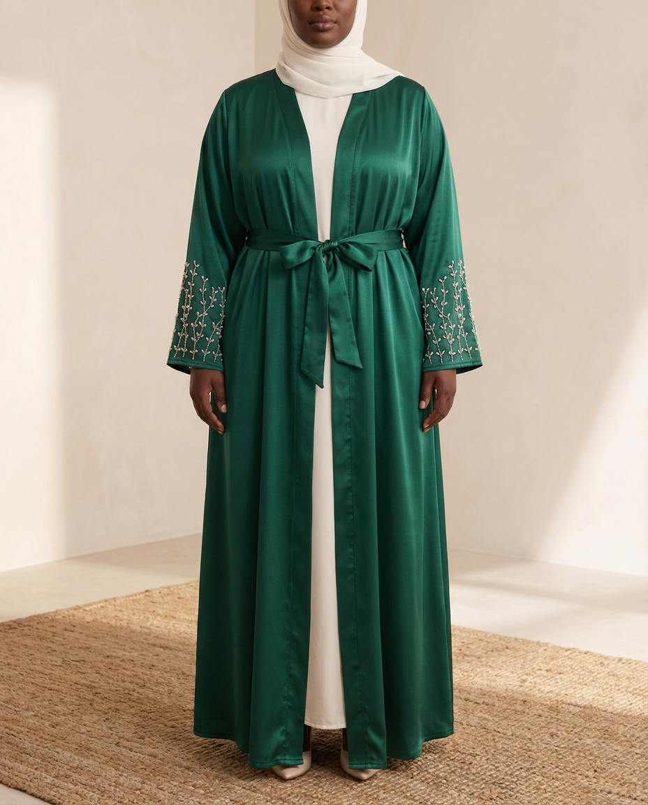 Ceyda Beaded Open Abaya in Green, worn