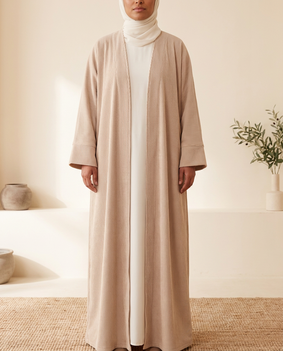 Corduroy Open Abaya in Apricot, worn