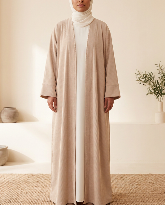 Corduroy Open Abaya in Apricot, worn