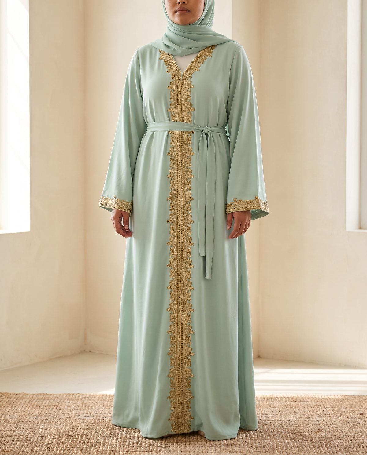 Embroidered pull-on maxi abaya worn