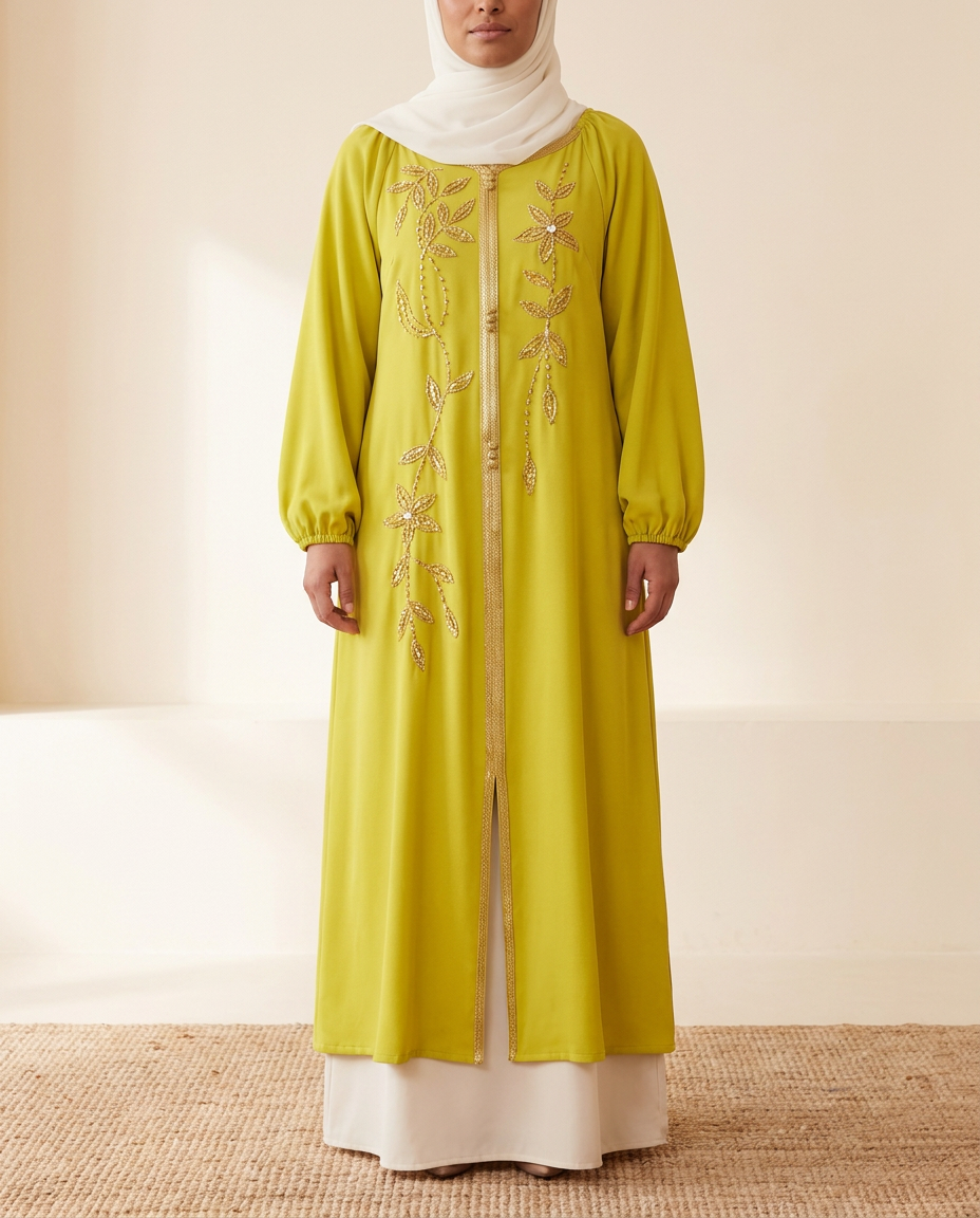 SITRĀ Ayla Lantern-Sleeve Open Abaya — Yellow (model Amina)