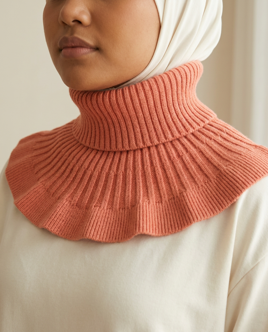 SITRĀ Knitted Ruffle Collar — Coral (model Leila)
