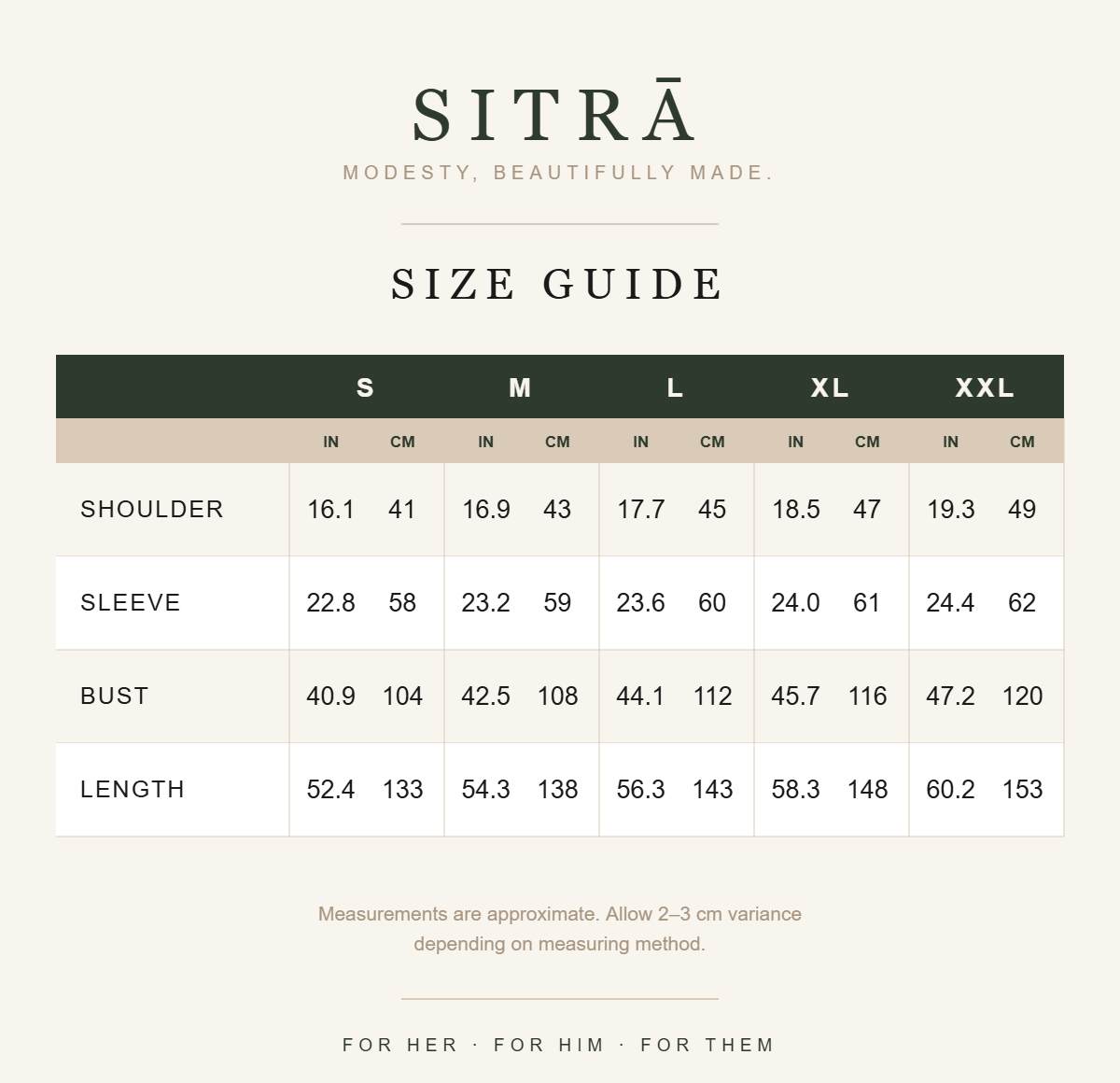 SITRĀ size guide