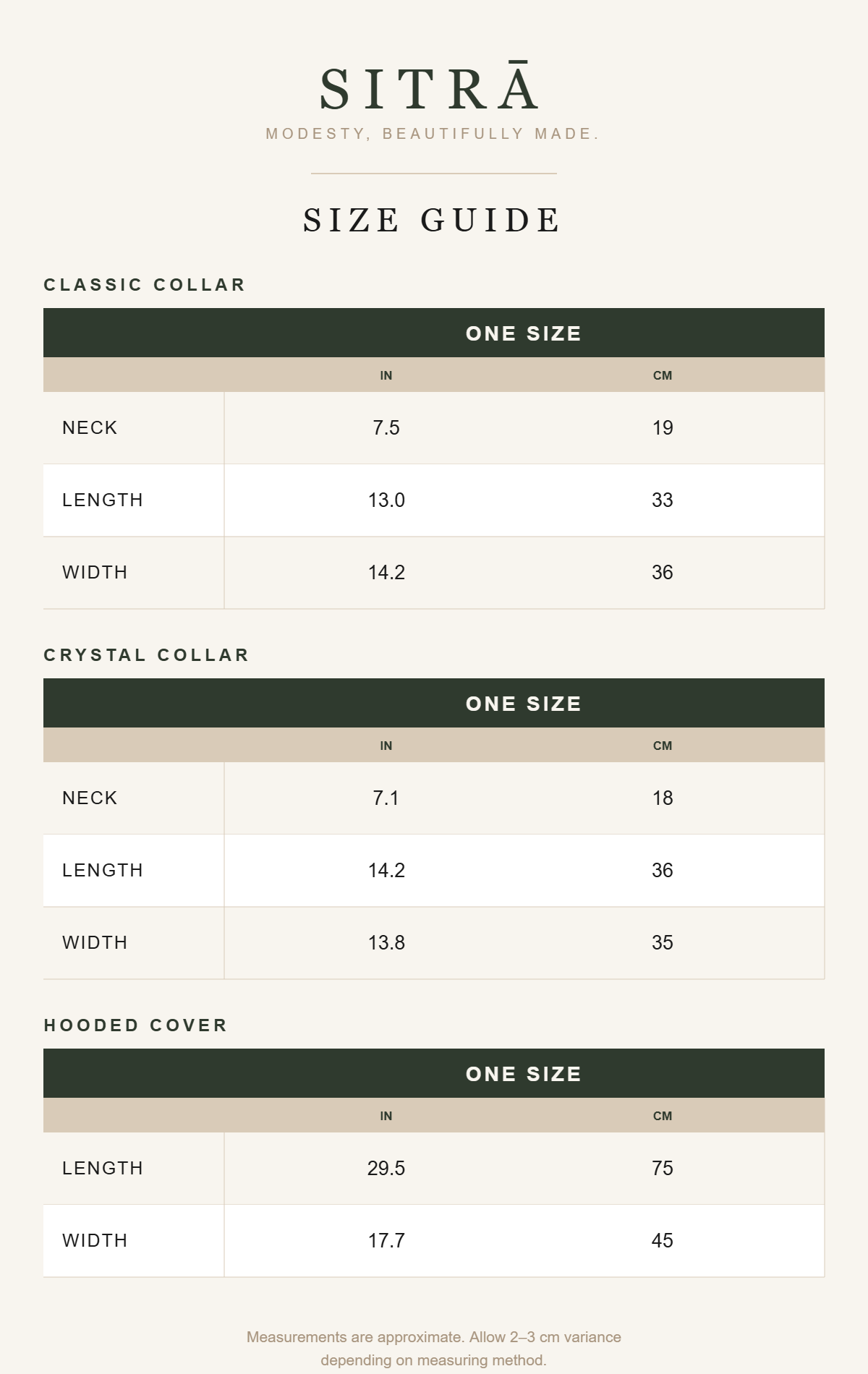 SITRĀ size guide
