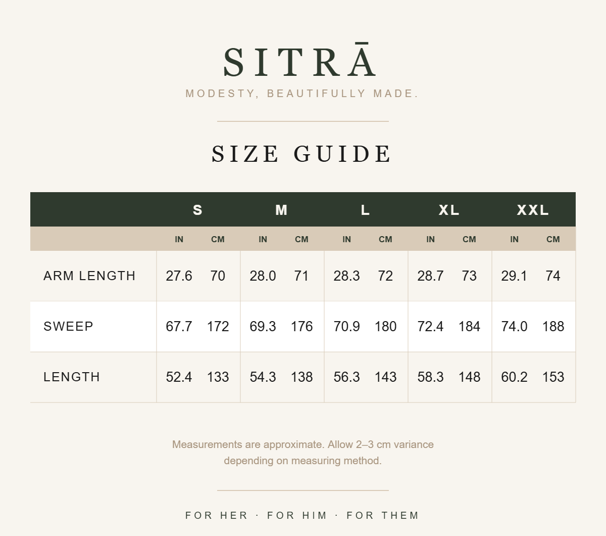 SITRĀ size guide