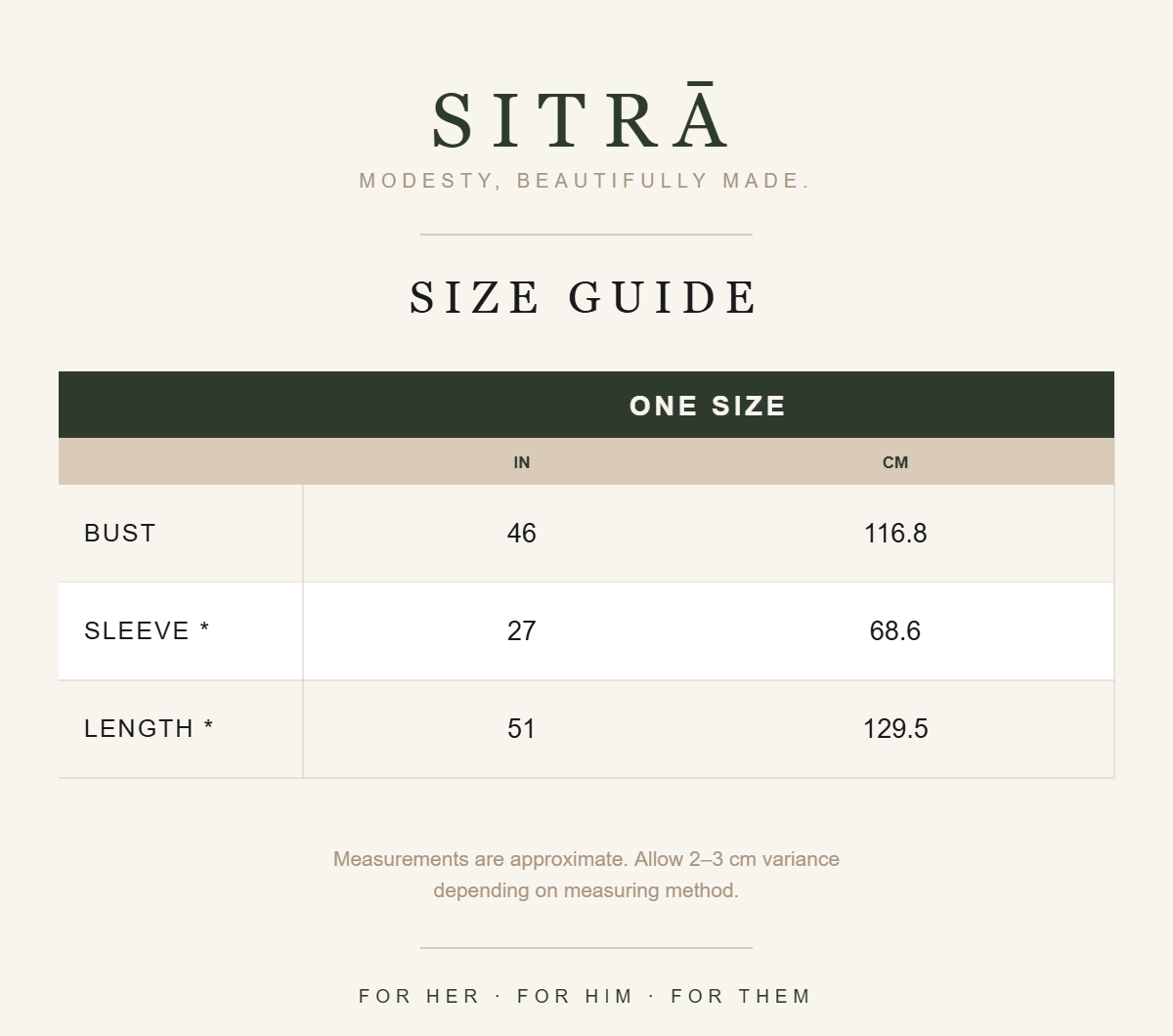 SITRĀ size guide