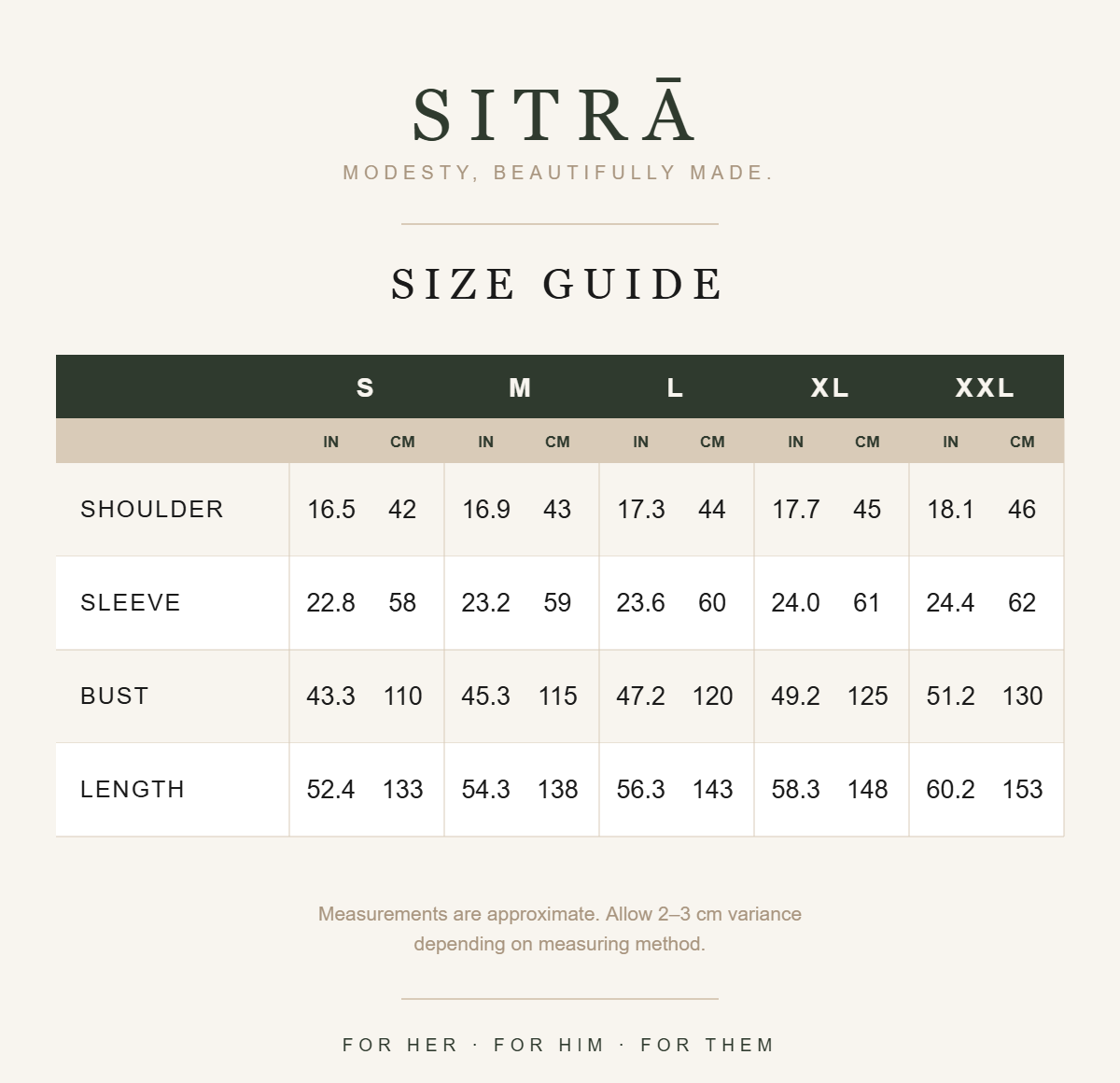 SITRĀ size guide