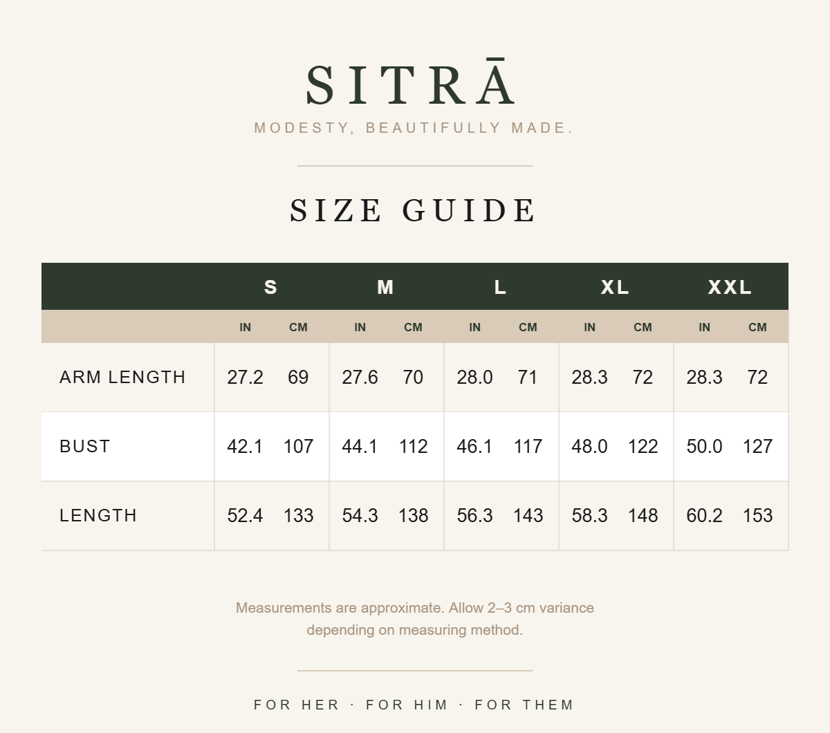 SITRĀ size guide