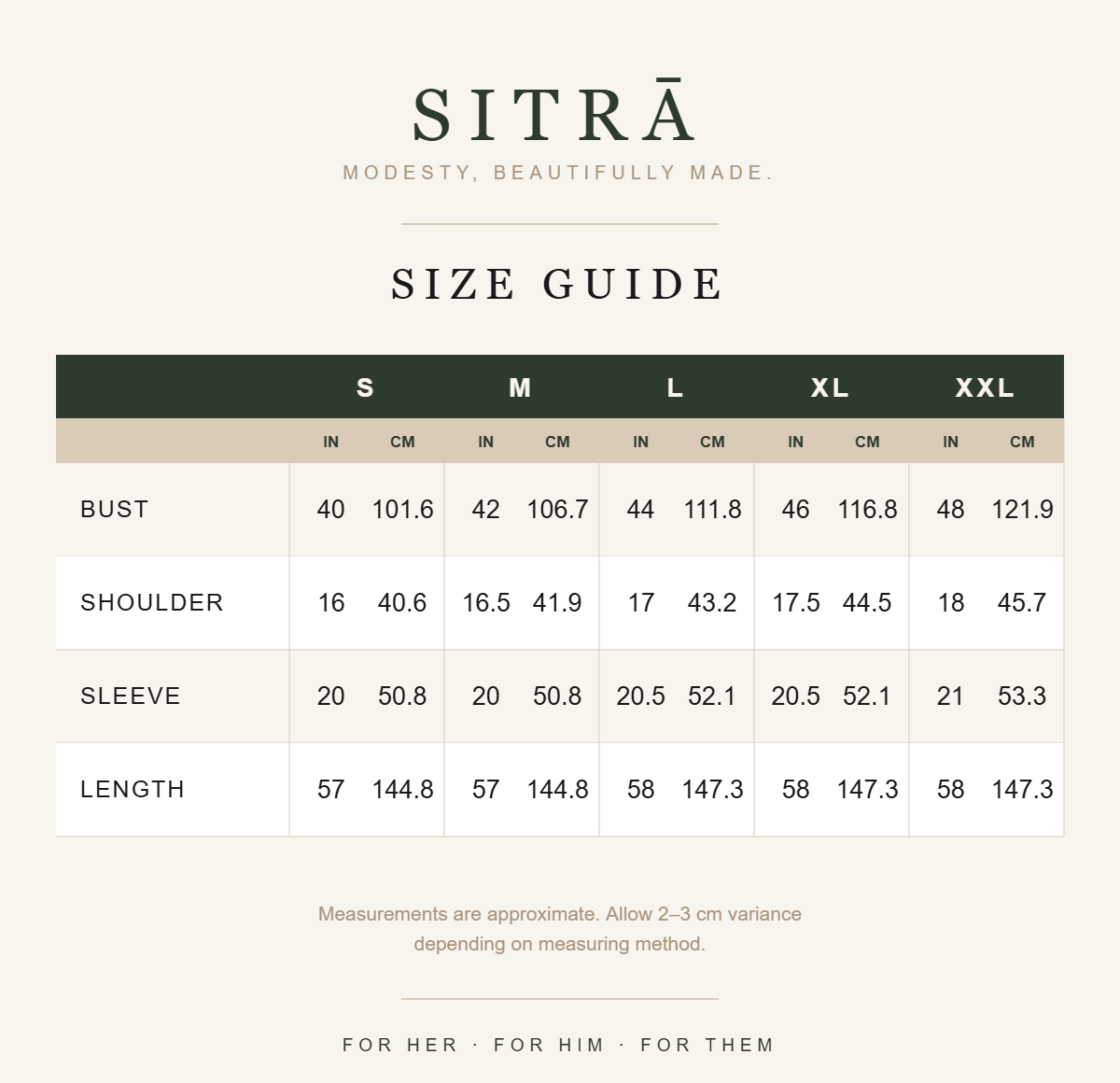 SITRĀ size guide