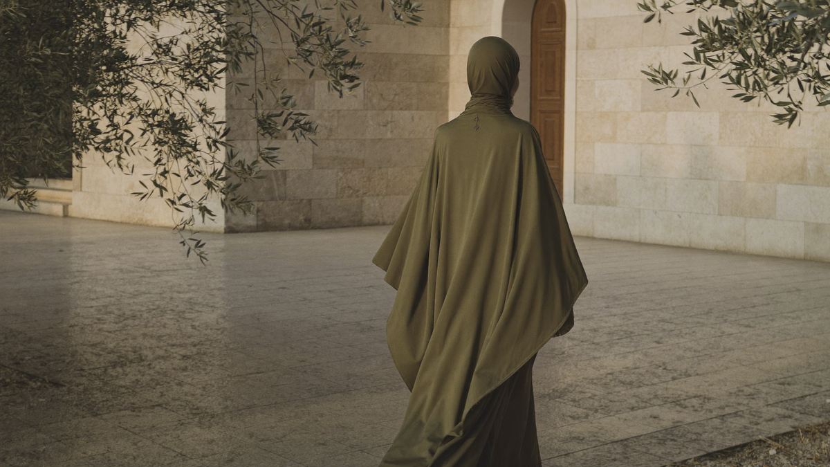 Woman in a flowing olive abaya crossing a sunlit stone courtyard toward an arched doorway