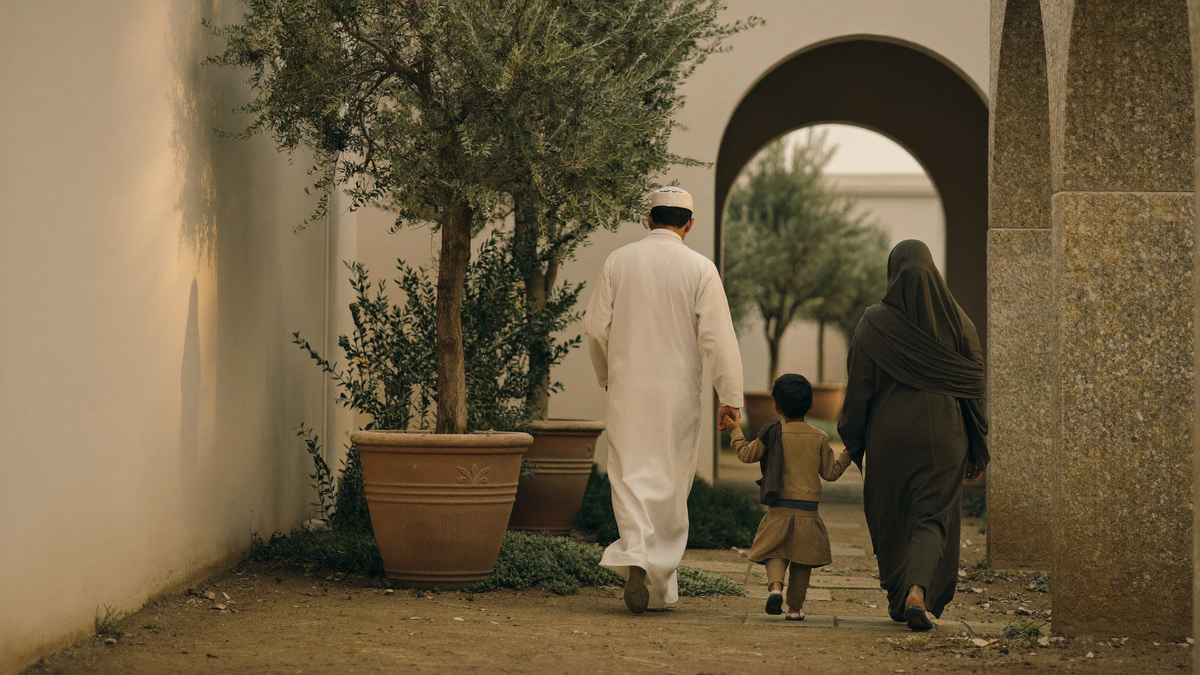 Family in modest dress walking together through a courtyard archway in the late afternoon