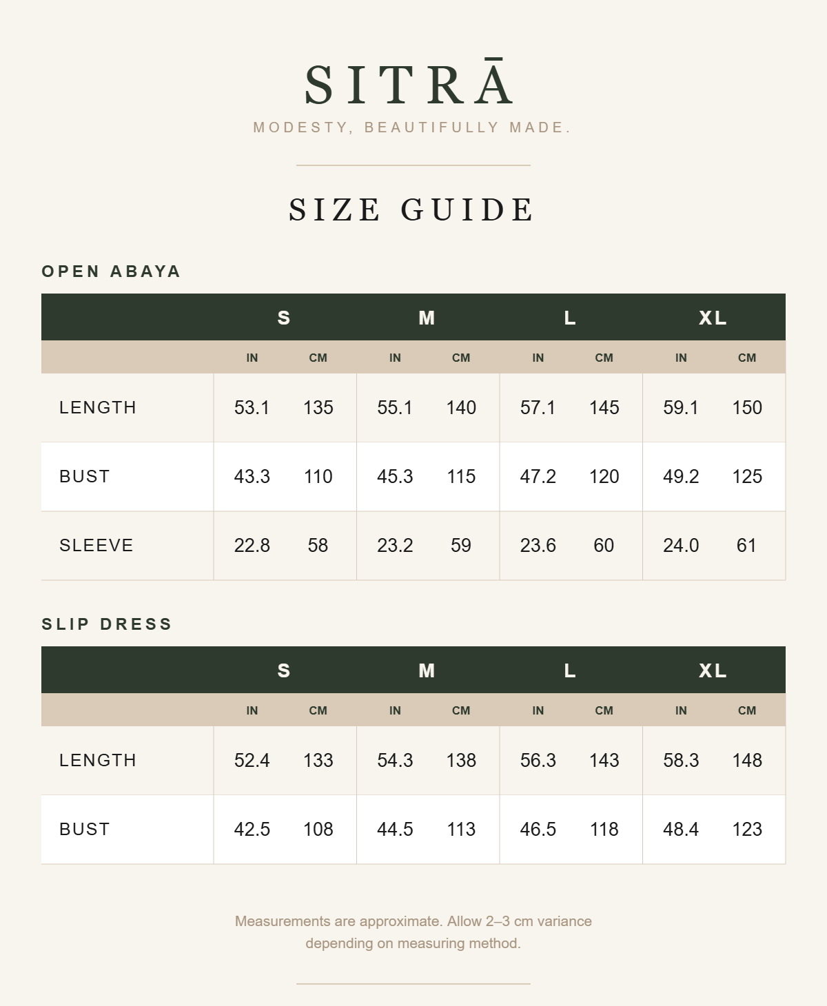 Lace-trim open abaya and slip dress set — SITRĀ size guide