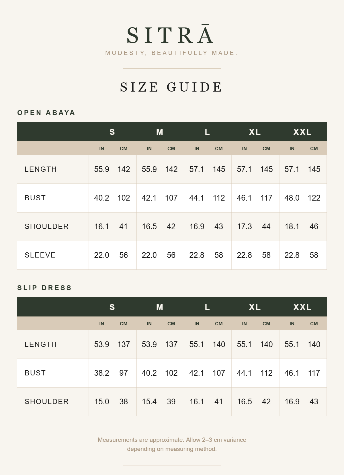 Printed open abaya set — size guide