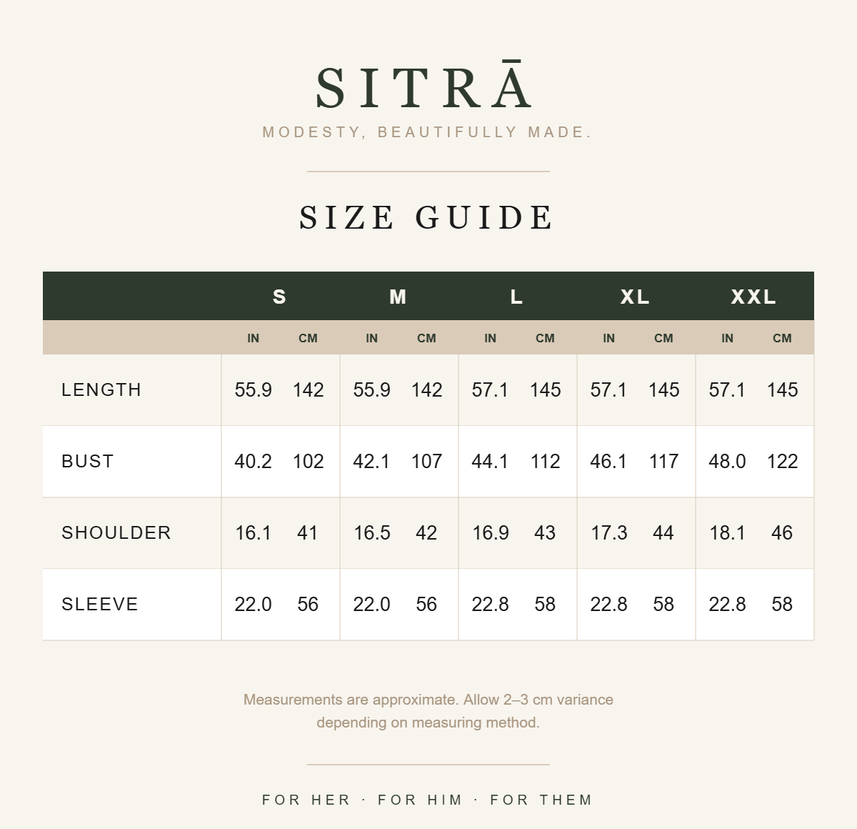 Sana evening abaya — size guide