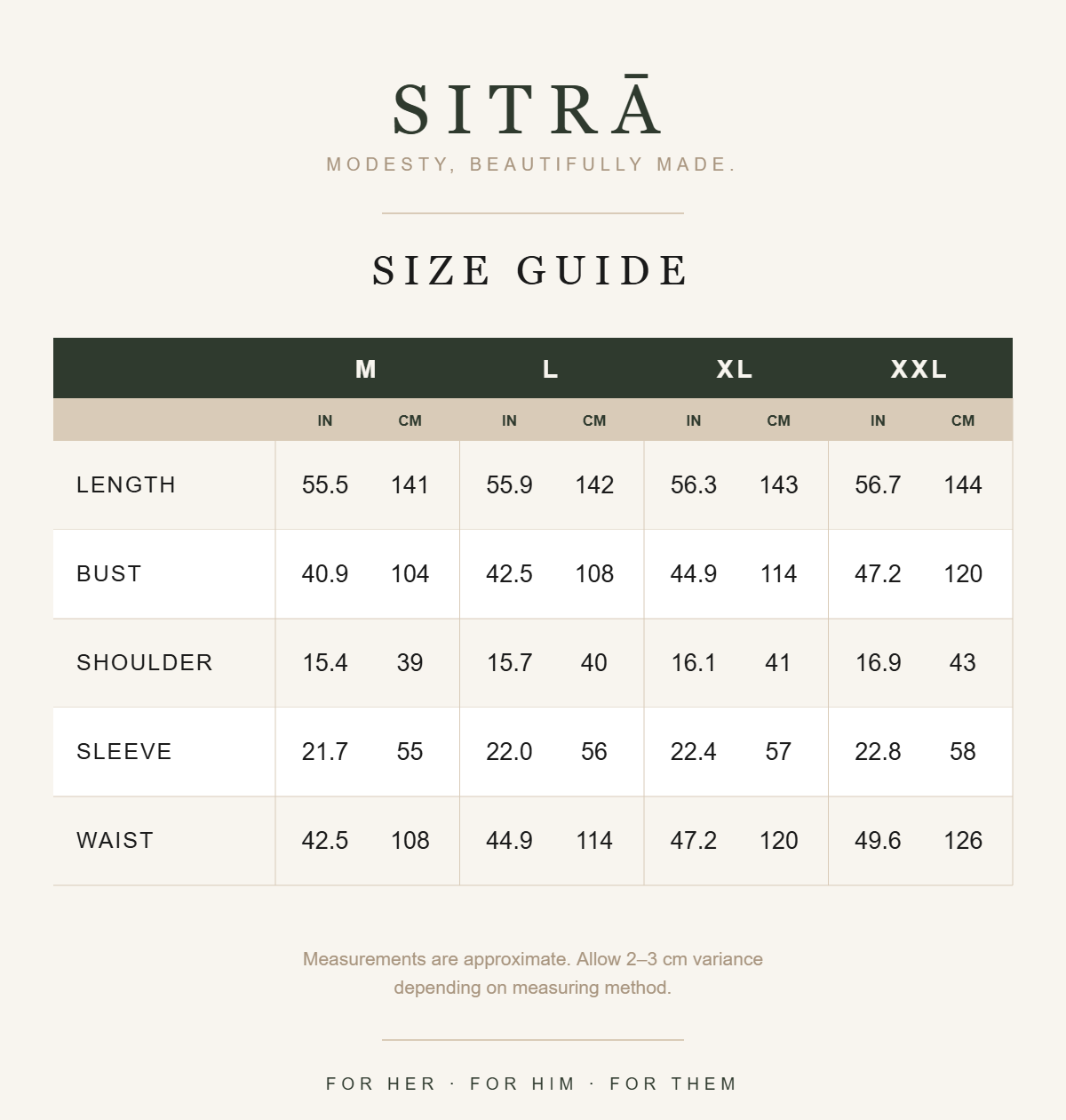 SITRĀ size guide