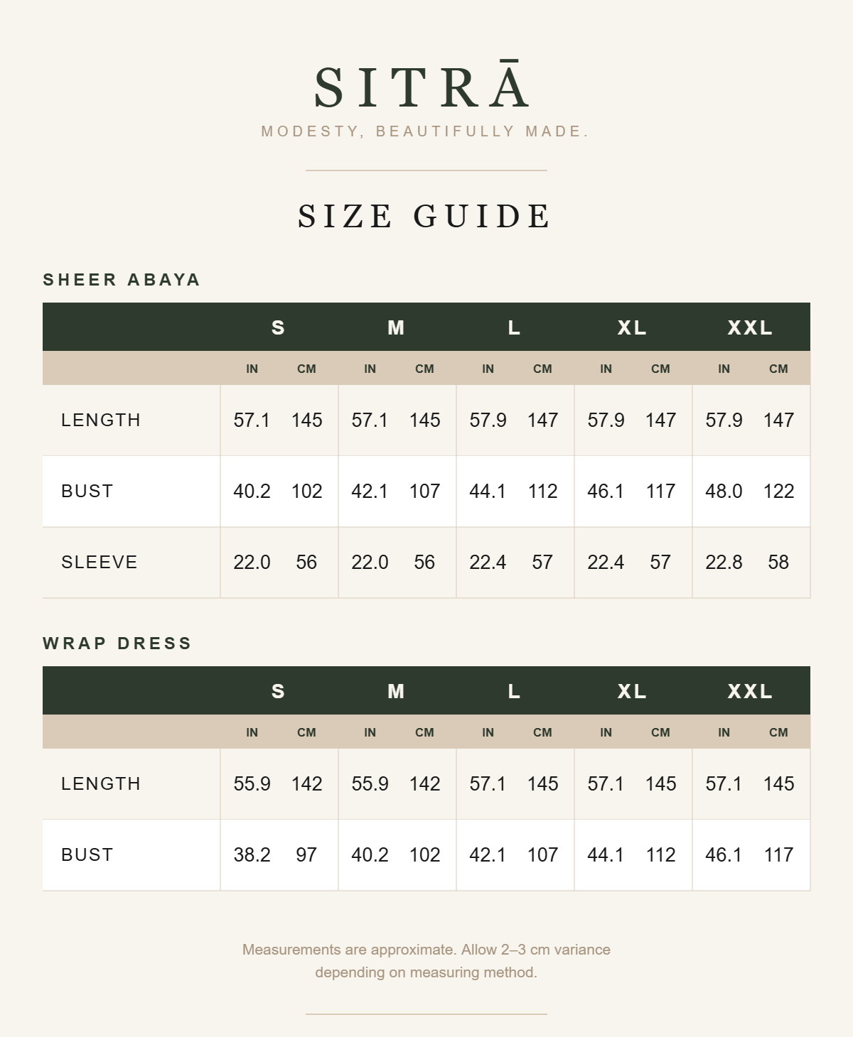 Shimmer satin set — size guide