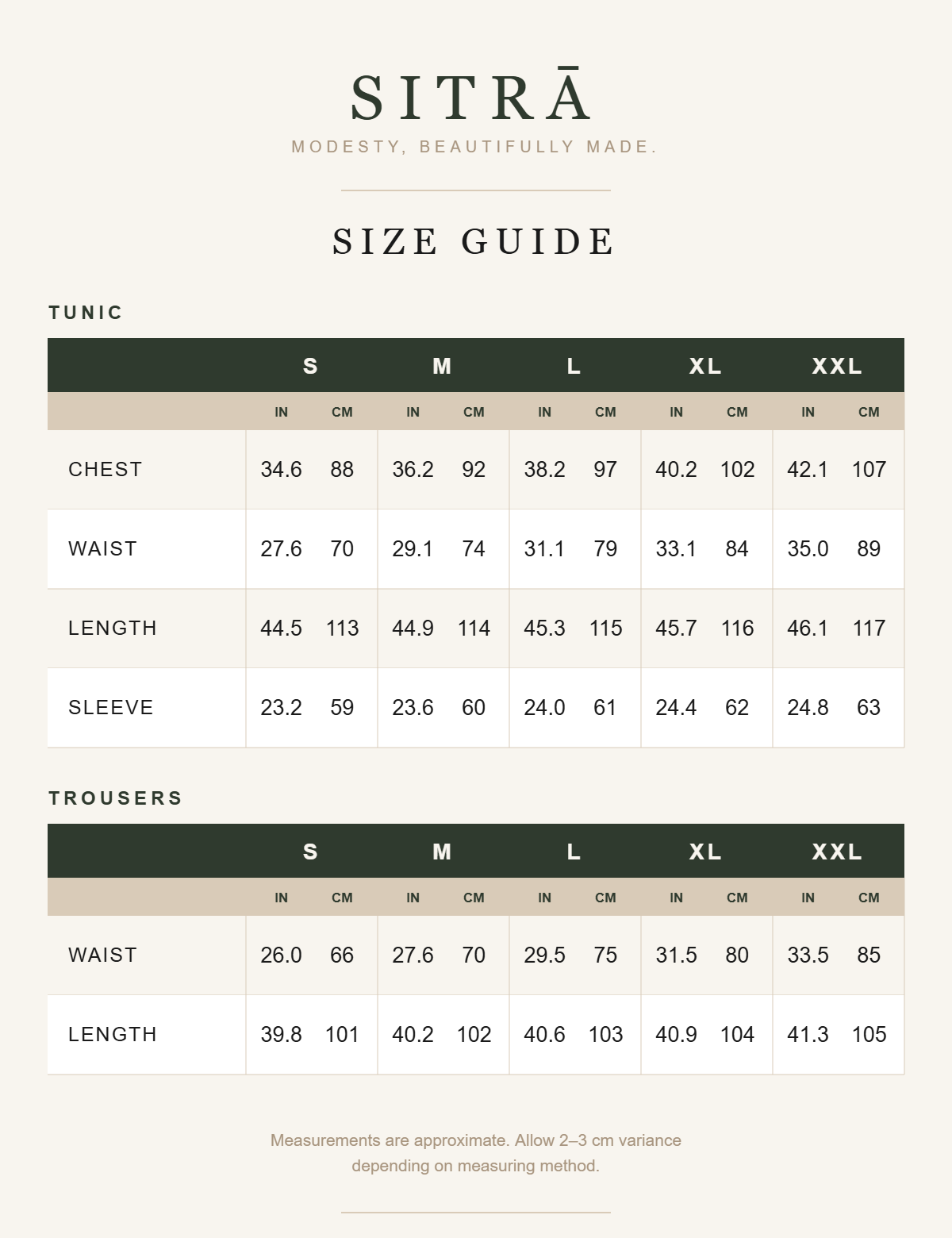 SITRĀ size guide