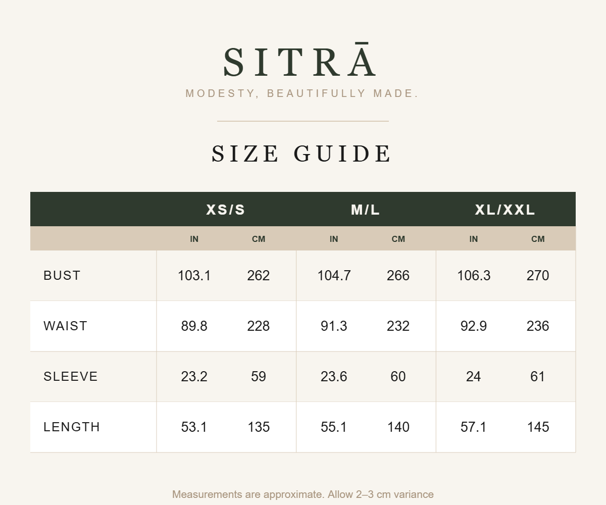 SITRA size guide - Draped Open Abaya with Scarf Option