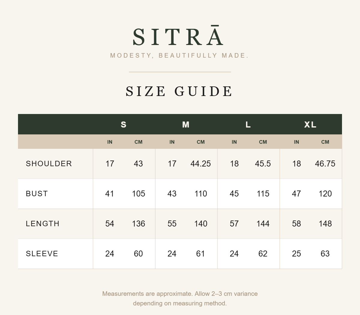 SITRA size guide - print abaya dress