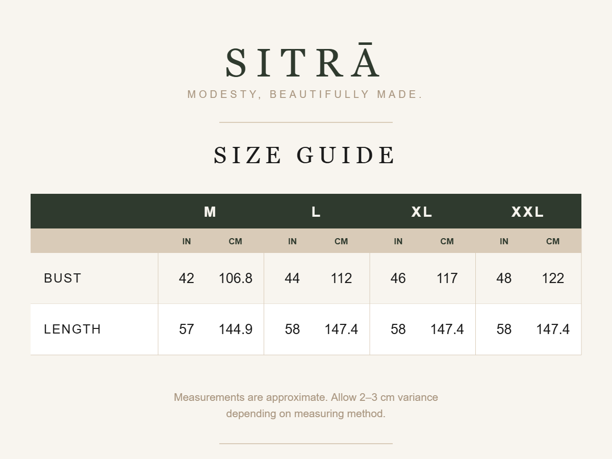 SITRA size guide - Wine Velvet Open Abaya