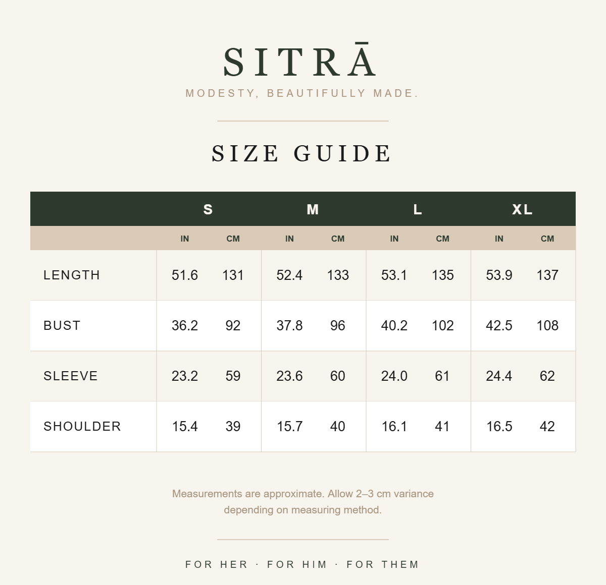 SITRĀ size guide
