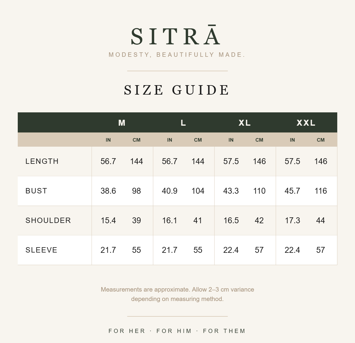 SITRĀ size guide