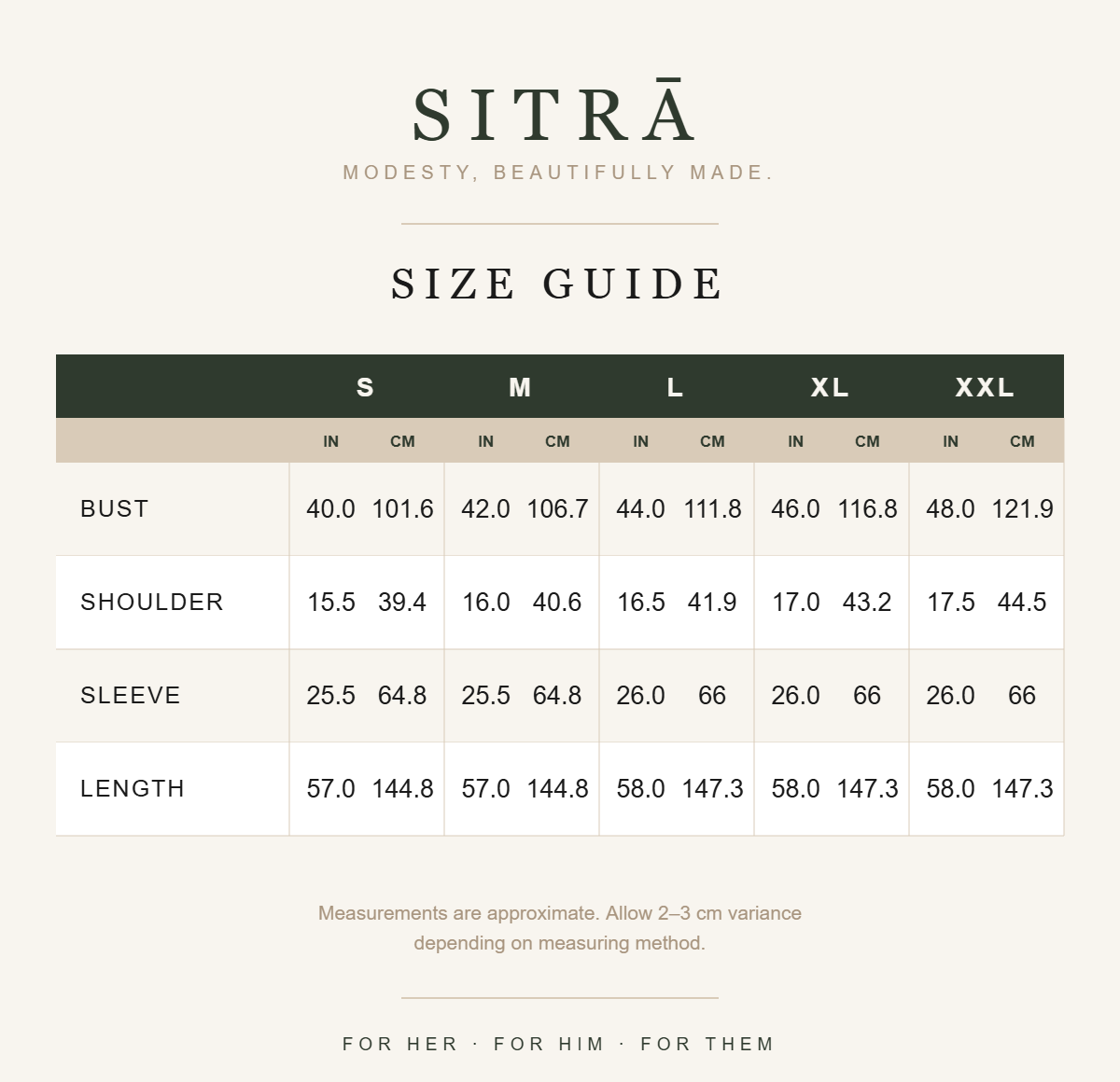 SITRĀ size guide