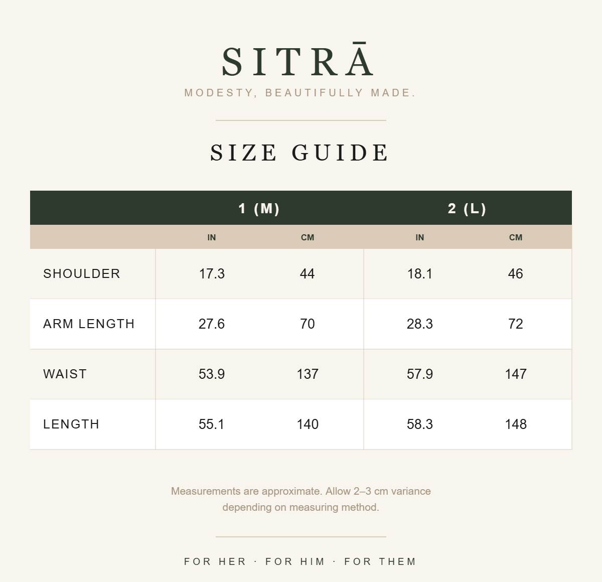 SITRĀ size guide