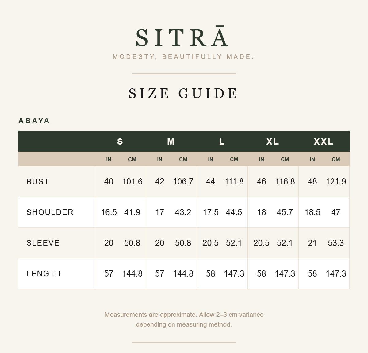 SITRĀ Amira Embroidered Abaya — size guide