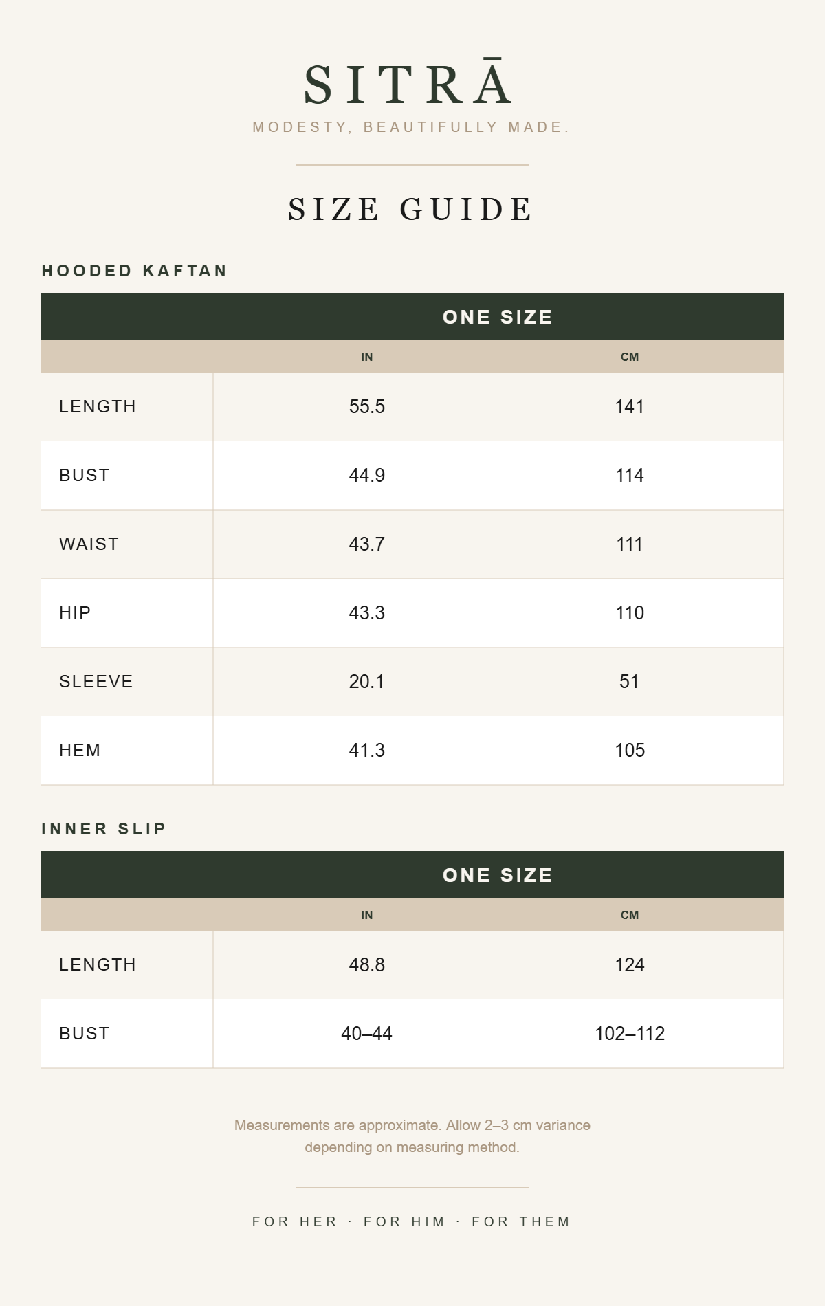 SITRĀ size guide