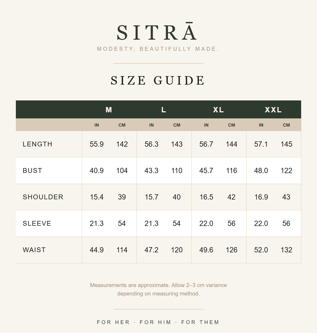 SITRĀ size guide