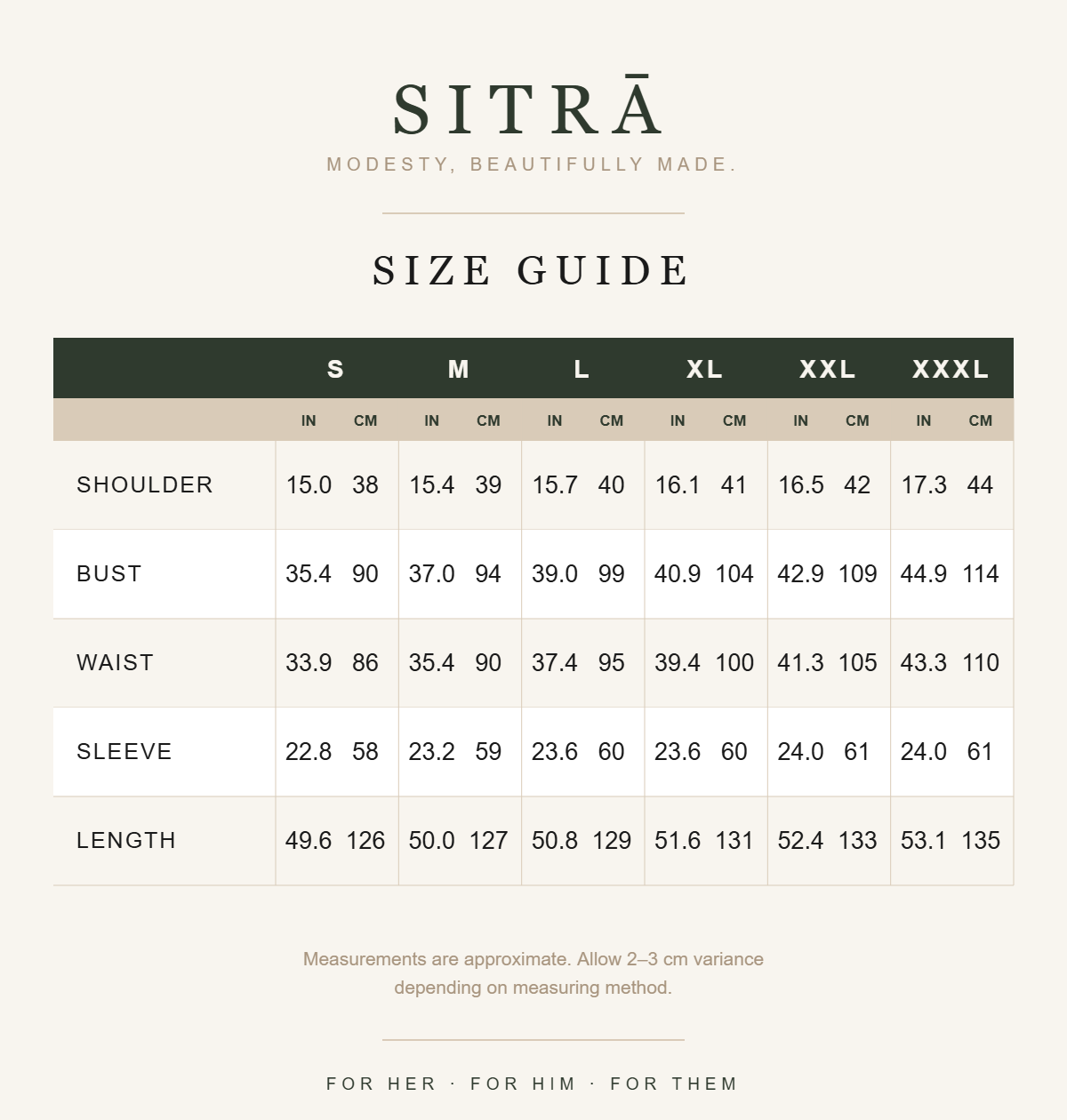 SITRĀ size guide