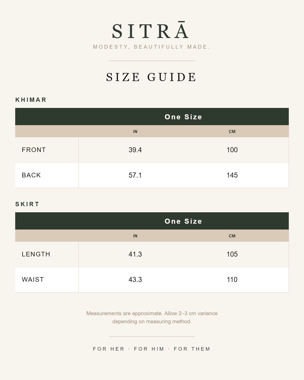SITRĀ size guide