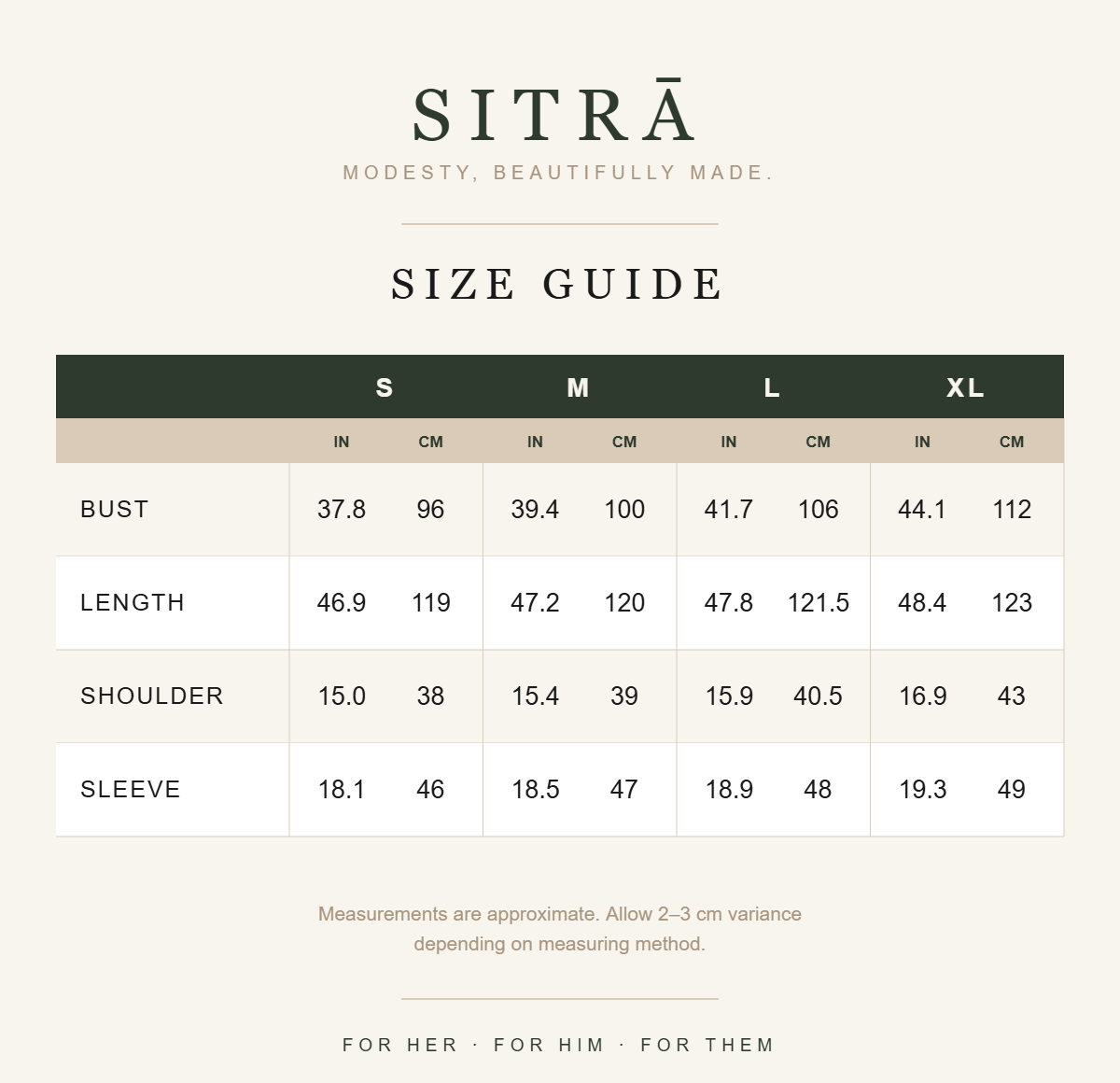 SITRĀ size guide